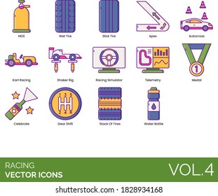 Racing icons including NOS, wet tire, slick, apex, autocross, kart, shaker rig, simulator, telemetry, medal, celebrate, gear shift, stack, water bottle.