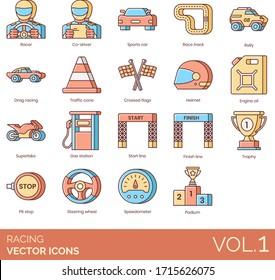 Racing icons including racer, co-driver, sports car, track, rally, drag, traffic cone, crossed flag, helmet, engine oil, superbike, gas station, start line, finish, trophy, pit stop, steering wheel.