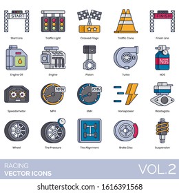 Racing icons including start line, traffic light, crossed flag, cone, finish, engine oil, piston, turbo, NOS, speedometer, MPH, KMH, horsepower, wastegate, wheel, tire pressure, alignment, brake disc.