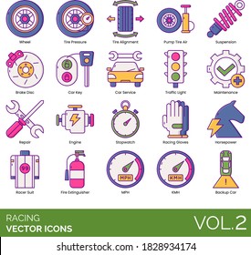 Racing icons including wheel, tire pressure, suspension, brake disc, car key, service, traffic light, maintenance, repair, engine, gloves, horsepower, racer suit, fire extinguisher, MPH, KMH, backup.