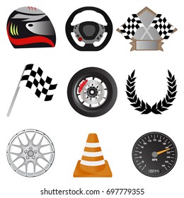 Racing icons. Racing objects including helmet, trophy, flag, wheel, rim, cone, speedometer, steering wheel and laurel wreath. Vector illustration. 