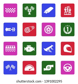 Racing Icons. Set 2. White Flat Design In Square. Vector Illustration.