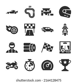 Racing icons set. Car Race, the race on the high-speed cars. Speed car and race on different vehicles. Monochrome black and white icon.