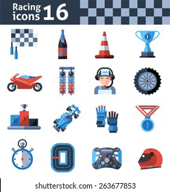 Racing icons set with motorcycle trophy helmet winner medal isolated vector illustration