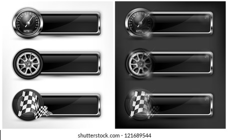 Racing icons, speedometer, checkered flags and wheels, vector illustration