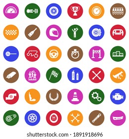 Racing Icons. White Flat Collection In Circle. Vector Illustration.