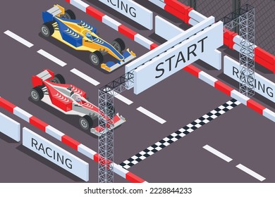 Racing isometric composition with outdoor scenery of formula race track with high speed cars start line vector illustration