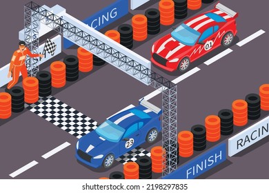 Racing Isometric Composition With Outdoor View Of Race Track With Cars Crossing Finish Line With Flag Vector Illustration