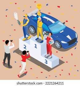 Racing isometric composition with view of winners podium with festive confetti drivers sport car and photographers vector illustration