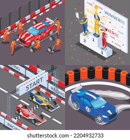 Racing isometric set with four square compositions of race moments views pit stop and winners podium vector illustration