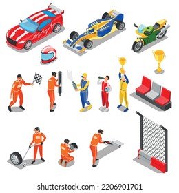 Racing isometric set with isolated icons of cars motorcycle and human charcters of drivers and technicians vector illustration