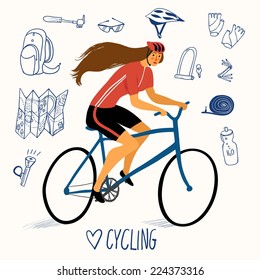 Racing lady cyclist with hand drawn bicycle equipment on background. Editable vector illustration.