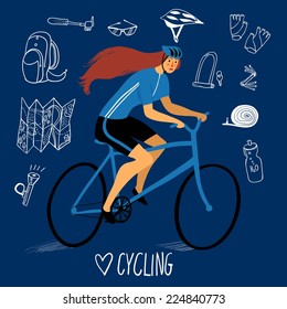 Racing lady cyclist with hand drawn bicycle equipment on dark blue background. Editable vector illustration.