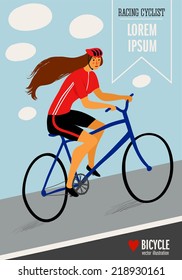 Racing lady cyclist on a  bicycle. Editable vector illustration 