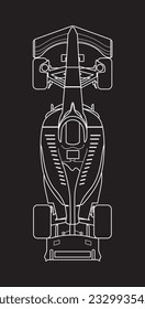 Racing line art, contorno de coche deportivo f1 racing bolid. Campeonato de Fórmula 1. Concepto de moto-deporte. Ilustración del vector aislada en el fondo