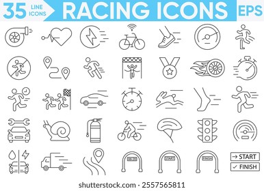 Racing line icons related to speed. Linear icon collection.Racing sport icon elements. Containing runner, race, finish line, treadmill and timer chronometer icons.