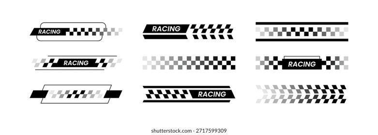 Conjunto de vetor de linhas de corrida com linha de chegada e design de texto de corrida