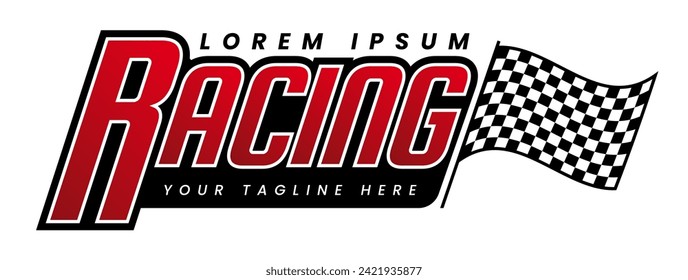 Racing logo with checkered flag on isolated white background. Racing team sticker concept. Vector illustration.