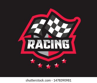 Racing Logo Design. Checkered Finish Flag Emblem Template Editable For Your Design.