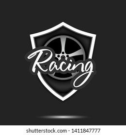 Racing logo design template. Racing emblem pattern. Wheel auto and shield with vintage lettering on an isolated background. Print on t-shirt graphics. Vector illustration