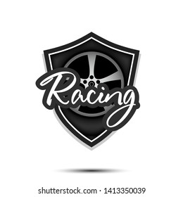 Racing logo design template. Racing emblem pattern. Wheel auto and shield with vintage lettering on an isolated background. Print on t-shirt graphics. Vector illustration