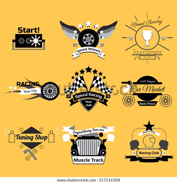 Racing logo set in black and white colors,\
include design elements, ribbons, texts on yellow background.\
Vector illustration.