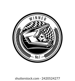 Racing medals for motorsport with a skull racer in helmet. Motocross race winner badge. Vector moto logo. 


