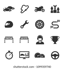 Racing, monochrome icons set. Automobile and motorcycle competitions, simple symbols collection