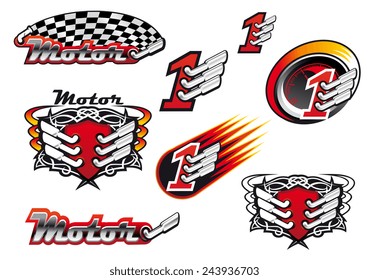 Racing and motocross emblems or symbols with checkered flags, number one and exhaust