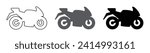 Racing motor bike flat icon set of three in outline and fill style in black color. Racing super bike side view vector icon set of three isolated - Vector Icon