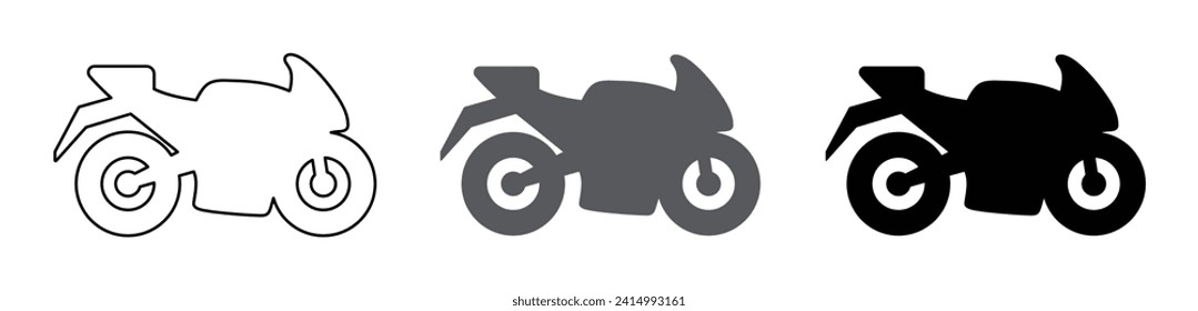 Racing motor bike flat icon set of three in outline and fill style in black color. Racing super bike side view vector icon set of three isolated - Vector Icon