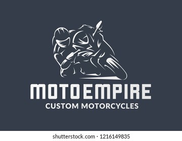 Racing motorcycle logo on black background. Superbike vector monochrome emblem.