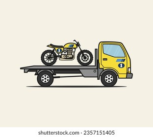 Racing motorcycle scrambler bike on towing truck cartoon fresh colors modern illustration