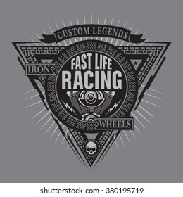 Racing motorcycle skull typography, t-shirt graphics, vectors