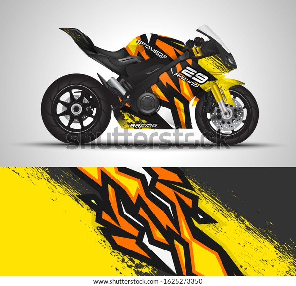 Racing motorcycle wrap decal and vinyl
sticker design. Concept graphic abstract background for wrapping
vehicles, motorsports, Sportbikes, motocross, supermoto and livery.
Vector illustration.