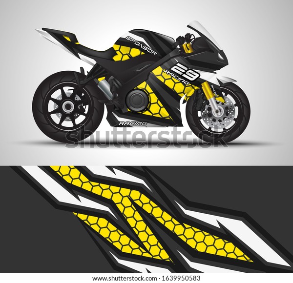 Racing motorcycle wrap decal and vinyl
sticker design. Concept graphic abstract background for wrapping
vehicles, motorsports, Sport bikes, motocross, supermoto and
livery. Vector
illustration.