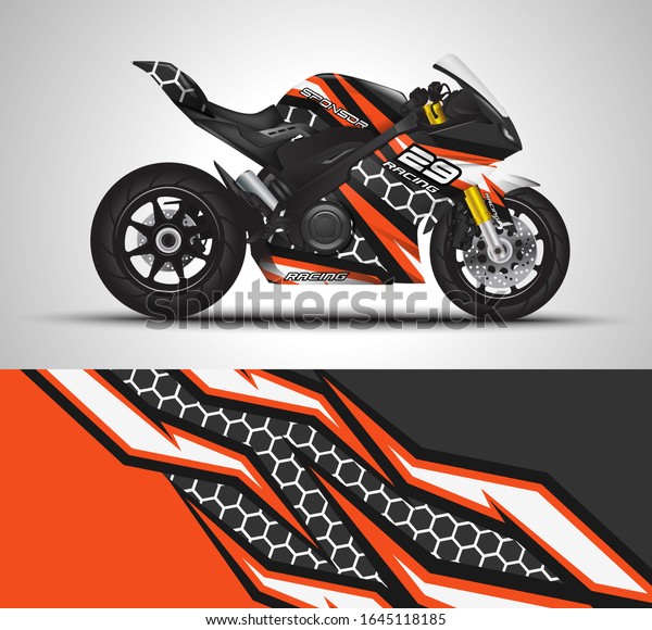 Racing motorcycle wrap decal and vinyl\
sticker design. Concept graphic abstract background for wrapping\
vehicles, motorsports, Sport bikes, motocross, supermoto and\
livery. Vector\
illustration.