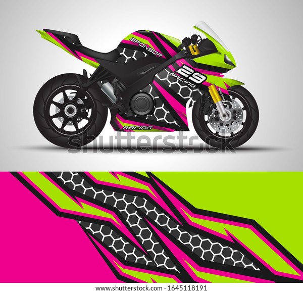 Racing motorcycle wrap decal and vinyl
sticker design. Concept graphic abstract background for wrapping
vehicles, motorsports, Sport bikes, motocross, supermoto and
livery. Vector
illustration.
