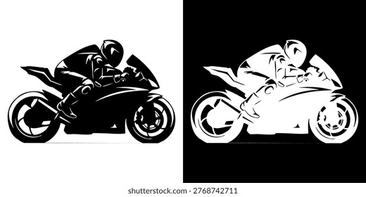 Racing motorcycles speeding by in contrasting black and white illustrations, Motorcyclist riding motorcycle on road track with speed and motion blur