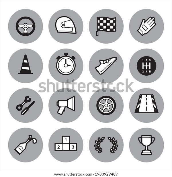 Racing and motorsport black and white icons, Vector\
illustration in flat\
style