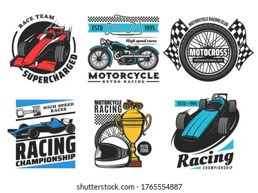 Racing and motorsport icons, motorcycle and car rally races, speedway and motocross vector emblems. Motor sport races club team, tournament cup, wheel, sportcar racetrack and finish flag signs