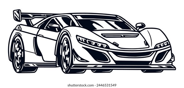 Racing motorsport monochrome vintage logotype with car for modern stylish design and narrow headlights for sports competitions vector illustration