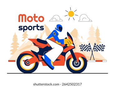Racing Motorsport Speed Bike Vector Illustration Featuring a Rider in Sportswear and Safety Equipment During a Championship or Competition Background