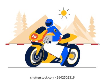 Racing Motorsport Speed Bike Vector Illustration Featuring a Rider in Sportswear and Safety Equipment During a Championship or Competition Background