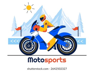 Racing Motorsport Speed Bike Vector Illustration Featuring a Rider in Sportswear and Safety Equipment During a Championship or Competition Background