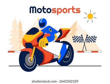 Racing Motorsport Speed Bike Vector Illustration Featuring a Rider in Sportswear and Safety Equipment During a Championship or Competition Background