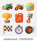 Racing and Motorsport Vector Icon Set | 3D icon set | race car, racing motorcycle, racing helmet, winner