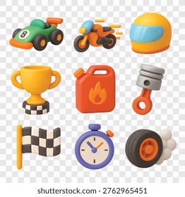 Racing and Motorsport Vector Icon Set | 3D icon set | race car, racing motorcycle, racing helmet, winner's trophy on a checkered base, fuel canister, piston,  finish flag, stopwatch,  racing tire 