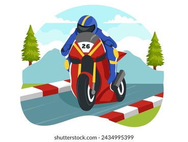 Ilustración vectorial de la bicicleta de velocidad del automovilismo de carreras para la competencia o la carrera del campeonato por el uso de ropa y equipo deportivos en fondo plano de la historieta