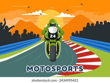 Racing Motosport Speed Bike Vector Illustration for Competition or Championship Race by Wearing Sportswear and Equipment in Flat Cartoon Background